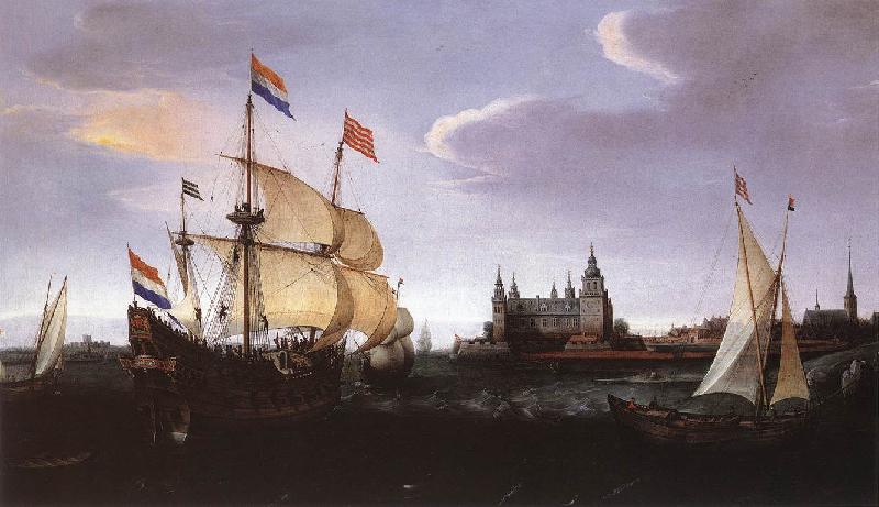 VROOM, Hendrick Cornelisz. Arrival of a Dutch Three-master at Schloss Kronberg srt oil painting picture